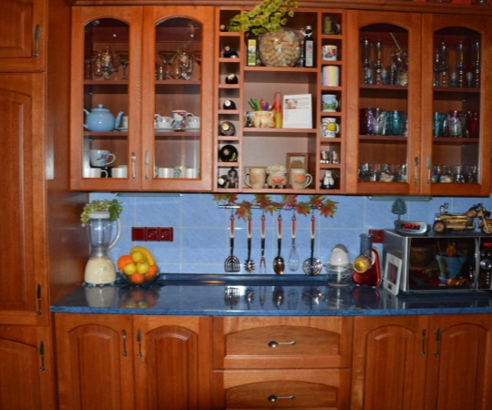 Kuchyň korpusy lamino, pohledové části dubové dřevo mořené, nástřik transparentní lak, pracovní deska dřevotříska potažená HPL laminátem