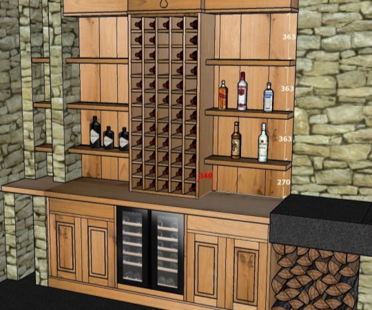Návrh: Vestavná skříň na víno a ostatní alkohol, do kamenného sklepa, osazena vinotékou. Vše pohledové vyrobeno z dubového dřeva, skryté korpusy jsou vyrobeny z dřevotřísky dýhované dubovou dýhou. Povrch je upraven drásáním, lehce přimořen a opatřen olejovým nátěrem. Výsuvy a závěsy od firmy Blum. Černé kovové úchytky.